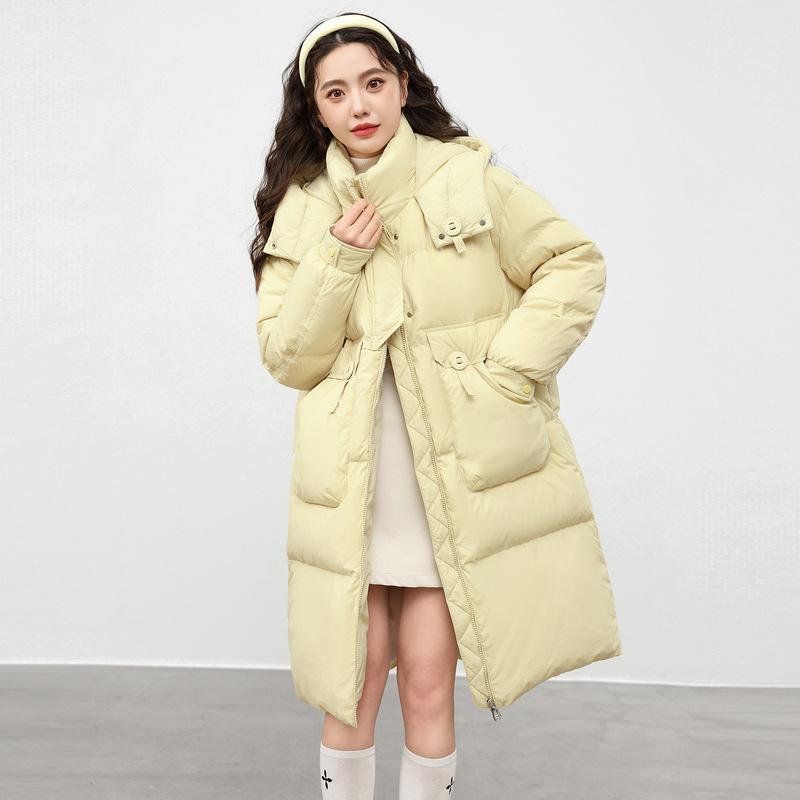 

Winter knee long down jacket medium and long new hooded waist thickened duck down jacket S светло-желтого