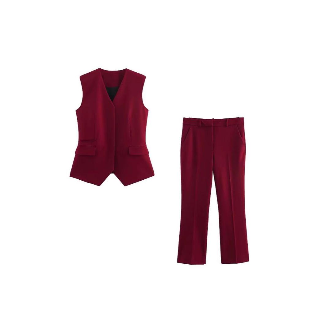 Women's European & American Style V-Neck Sleeveless Vest + Casual Pants Solid Color Set