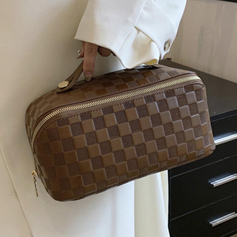 Karierte Kulturtasche, multifunktionaler Make-up-Koffer aus PU-Leder, tragbar, große Kapazität, modischer Reißverschluss, weich für Camping und Wandern
