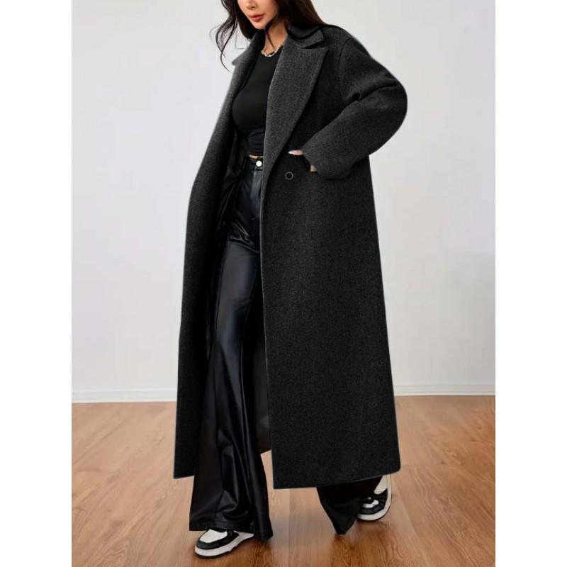 Womens Winter Wool Blend Long Coat Loose Fit Notched Collar Casual Outerwear Gray Black