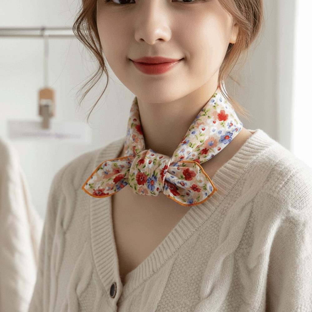Retro Floral Print Silk Scarf Thin Square Handkerchief Simple Printed Scarves Female