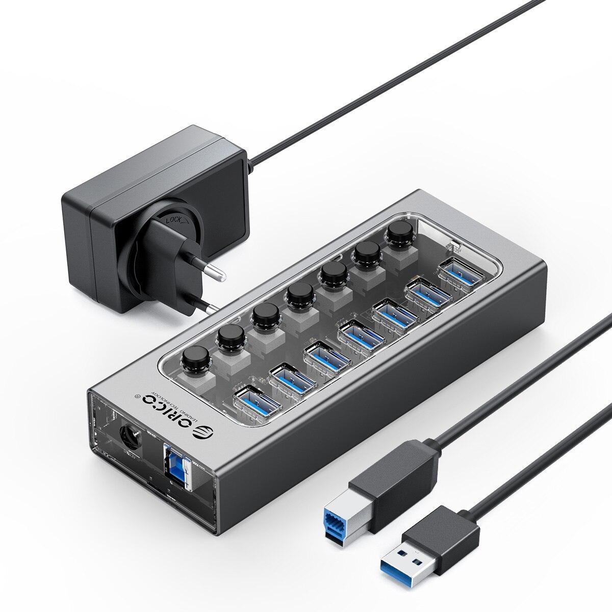 

ORICO USB3.0 Hub Aluminum Industrial 7-Port Splitter Split Switch with 12v Power Adapter for Macbook Mobile Phone Tablets