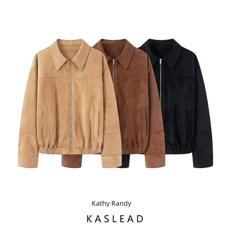 Kaslead New Women clothes Western Style Fashion Suede Fabric Bomber jacket Outerwear