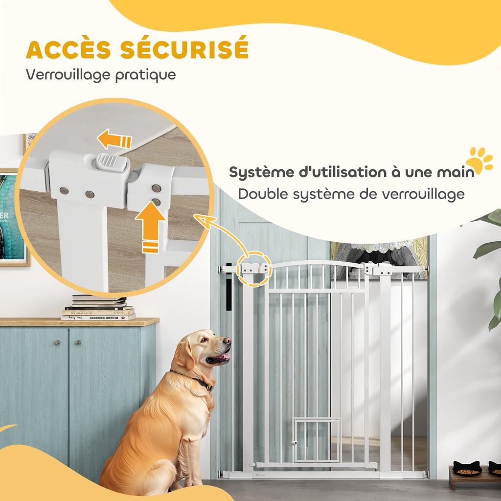 Dog Barrier, Adjustable Width 76-102cm, Extra-Wide Barrier with Cat Door, White