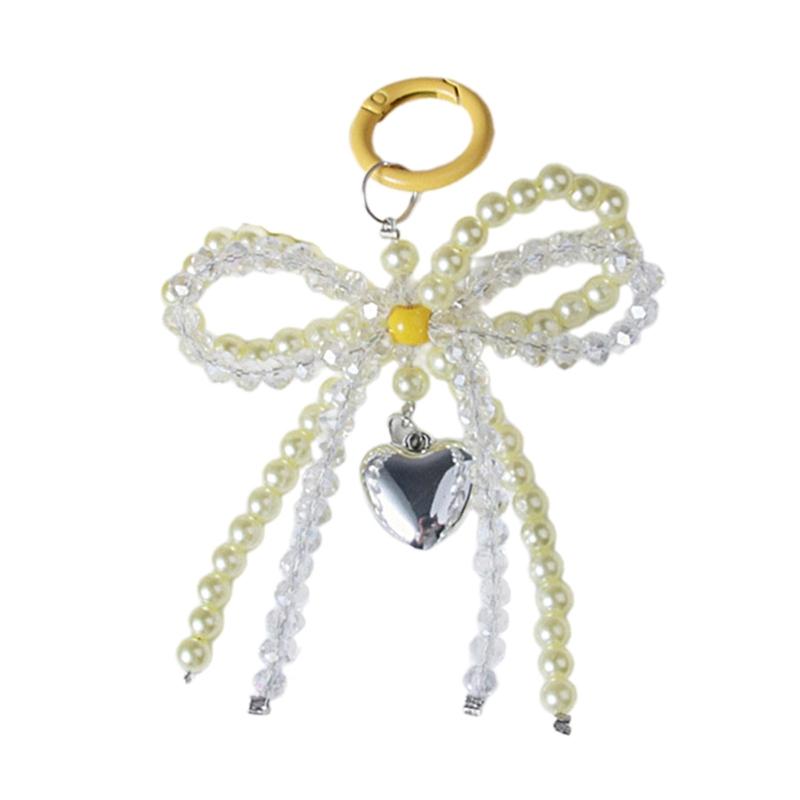 

Crystal Bowknot Hanging Ornament Unique Bowknot Keyring with Pearls and Crystals Elegant Keychain Pendant Charm жовтий