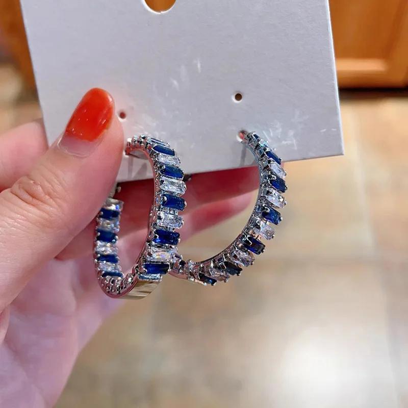 Large Circle Blue And White Zircon Earrings Women'S Fashion Exaggerated Quadrilateral Geometric Jewelry European American Style