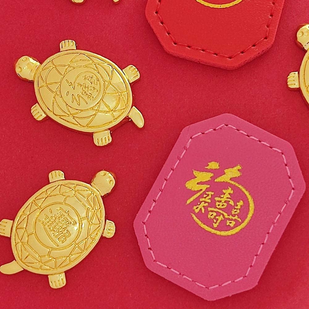 Money Turtle Golden Tortoise Feng Shui Guarding Praying Statue with Red Lucky Leather Case Metal Water Plate Living Wealth