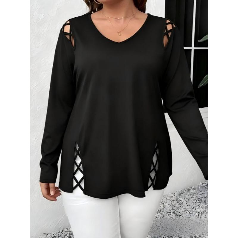 Women Plus Size Casual V Neck Long Sleeve Cross Hollow Out T Shirt Top