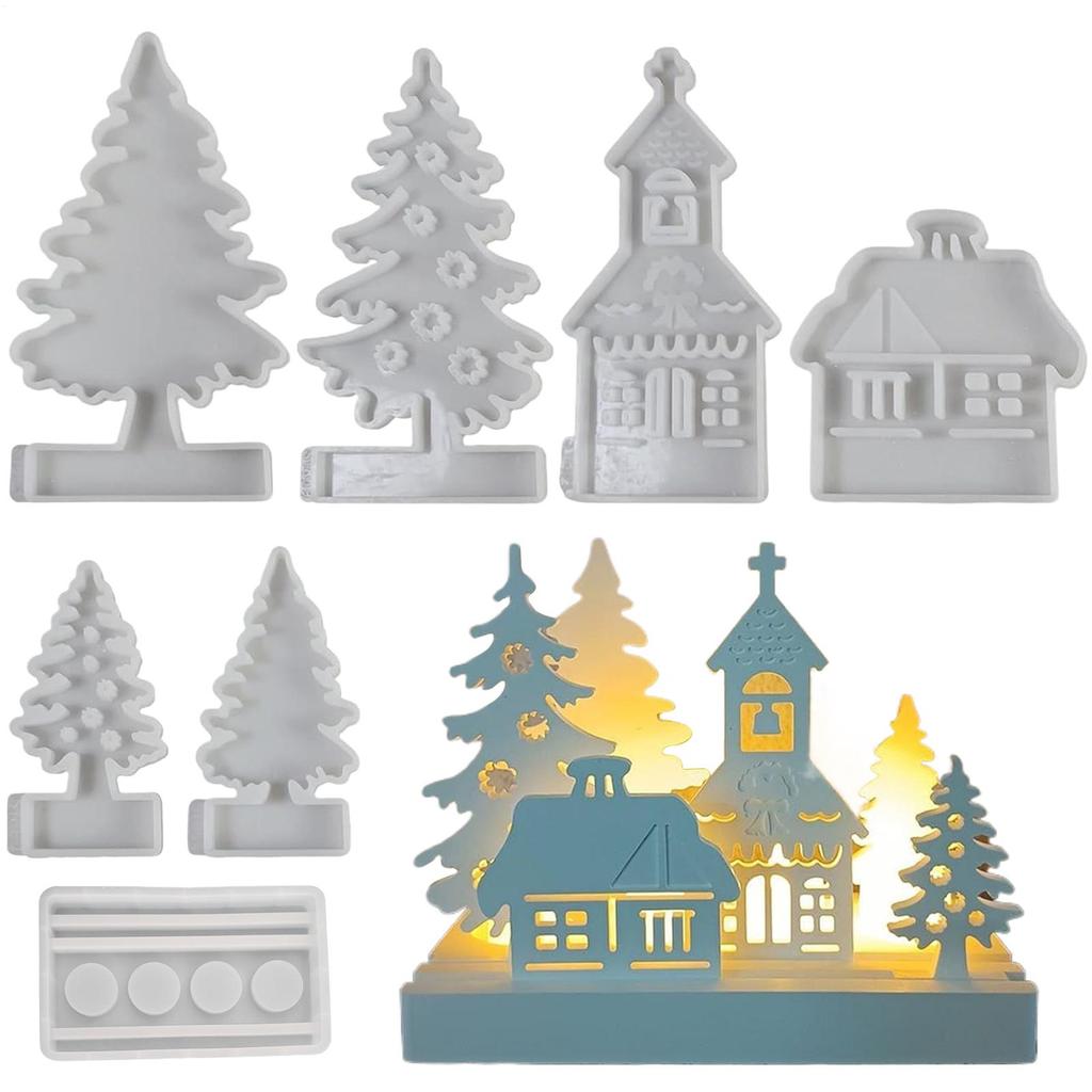 7pcs Christmas Silicone Molds Set Christmas Tree House Soap Mould Making Casting Plaster Epoxy Aromatherapy Resin Craft Ornament
