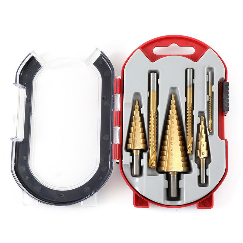 6-Piece Titanium-Plated Pagoda Drill Set for Woodworking: Serrated Hole Opening, Expansion, and Groove Cutting with Plastic Box.