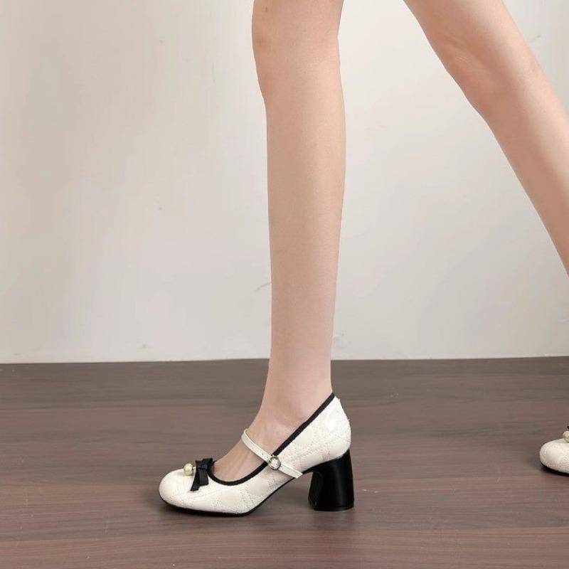 Fashion French Fairy Style White Mary Jane High Heels for Women In Spring 2025, Pearl Wedding Shoes, Bow, Thick Heel Single Shoes