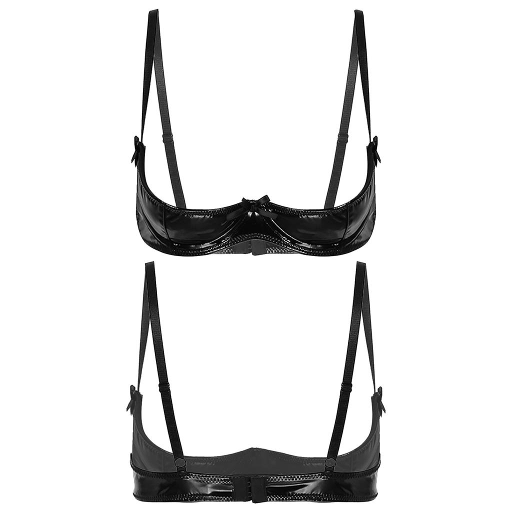 Women Glossy Leather Open Breast Cup Bra Tops Push Up Bras Bustier Corset Brassiere Lingerie Underwear Female Lingerie