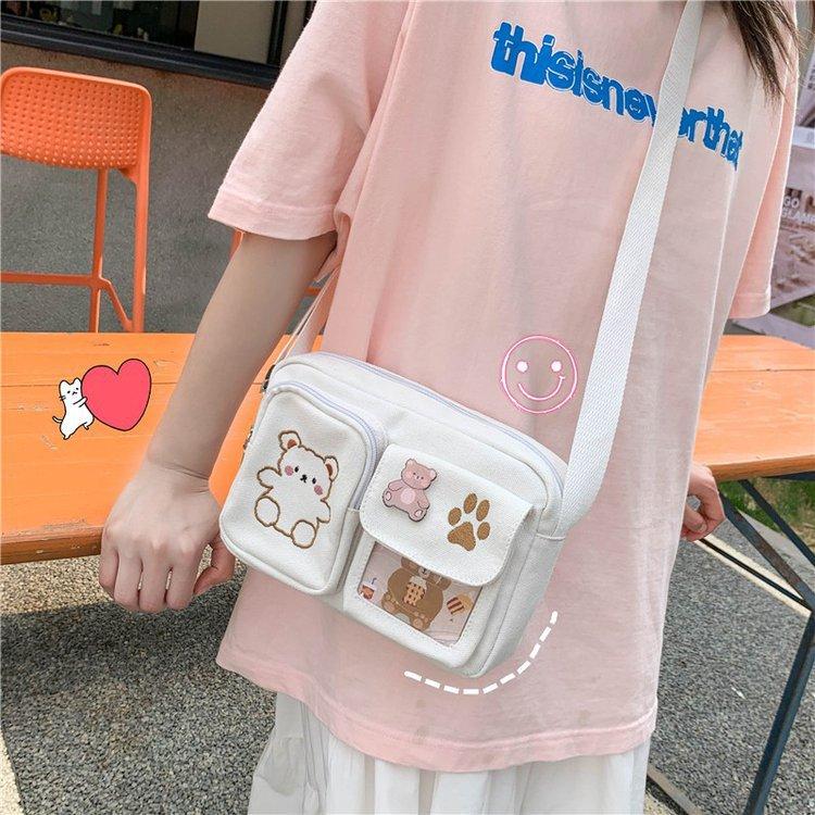 New Japanese soft girl cute small bag vintage girl student bag embroidered bear canvas bag female messenger bag