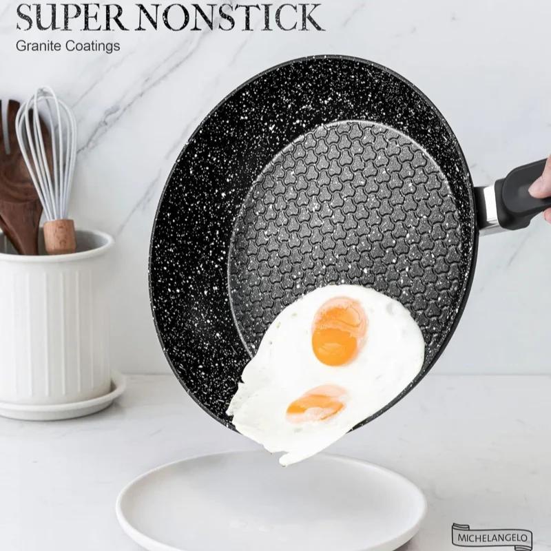 MICHELANGELO 12inch Non Stick Frying Pans with Lid Granite Coatings Skillet Saute Pan Steak Egg Pan Cooking Pan for All Stoves