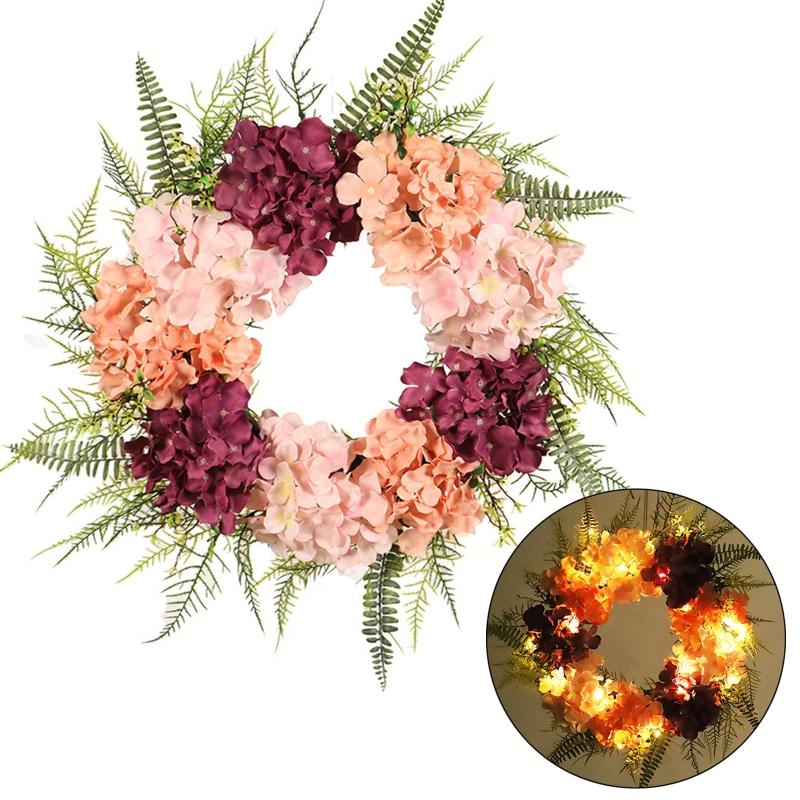 Hydrangea Wreath With/without Led Light Artificial Hanging Garland Ornament for Summer Garden Yard Front Door Decoration 55KF