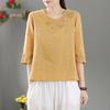 Summer Cotton and Linen Shirt Women's Embroidered Retro Literary Top Loose and Thin Medium Sleeve Large Size T-shirt Women