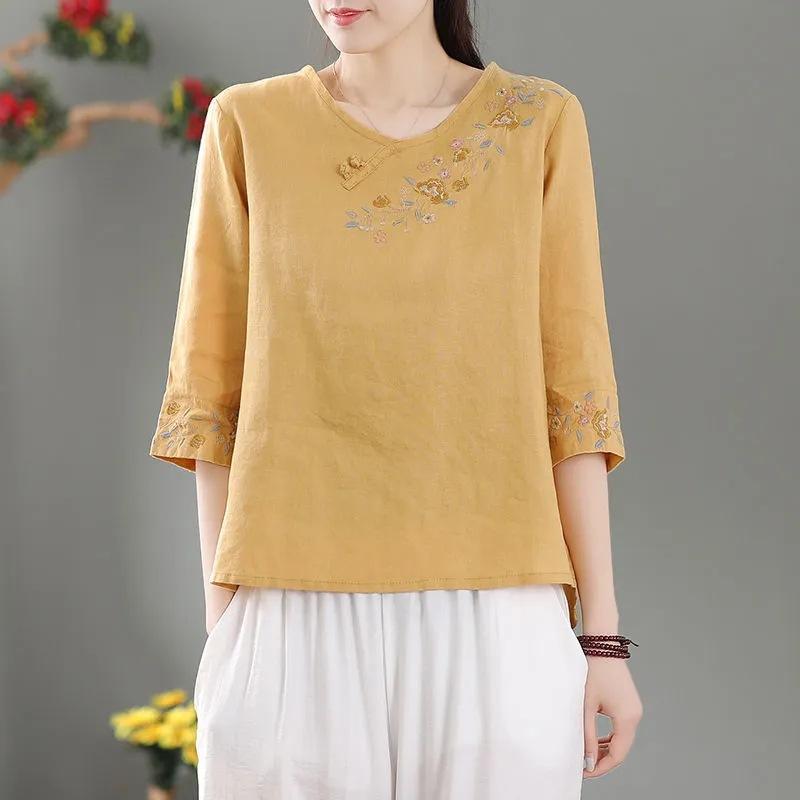 Summer Cotton and Linen Shirt Women's Embroidered Retro Literary Top Loose and Thin Medium Sleeve Large Size T-shirt Women