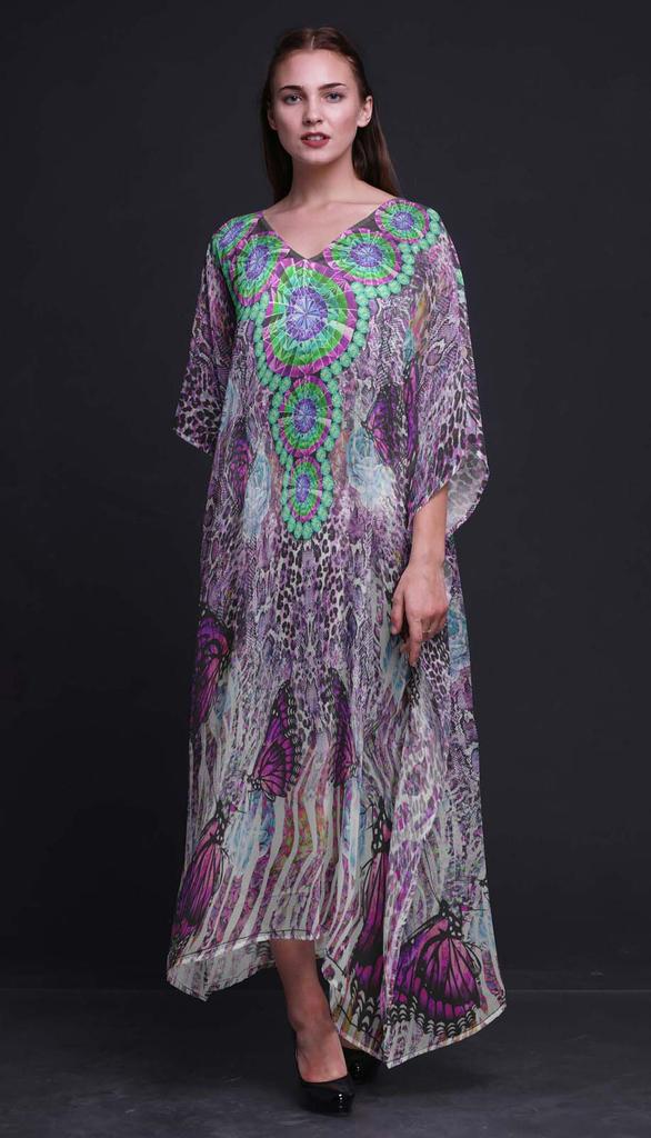 Phagun Butterflies & Leopard Animal Skin Beach Kaftan Bikini Cover Up Womena    S Maxi Dress Long