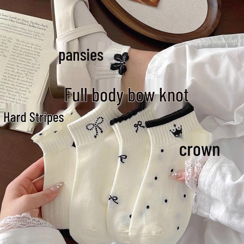 Women s Summer Mesh Polka Dot Low-Cut Socks with Bow - White, Trendy and Breathable Vertical Stripes