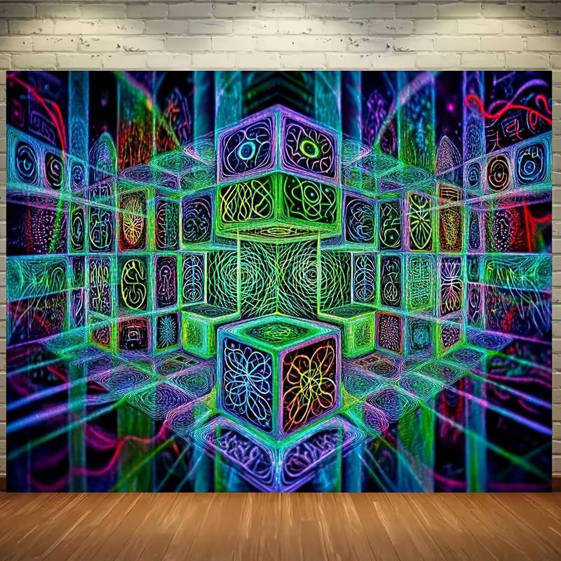 2D Trippy Neon Geometric Tapestry UV Reactive Blacklight Party Wall Art 47.2x31.5inch/120*80cm