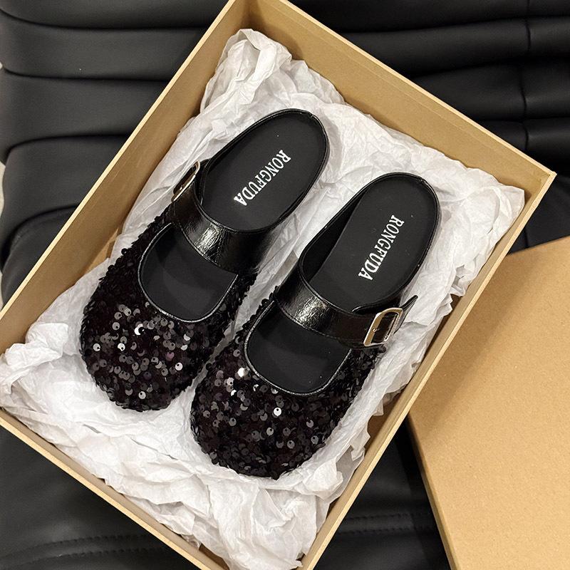 Fashion Glitter Slides Shoes Woman 2024 Slippers Flat Low Female Mule Pantofle Cover Toe Jelly Mules New PU Bling Crystal Rubber Rome Ho