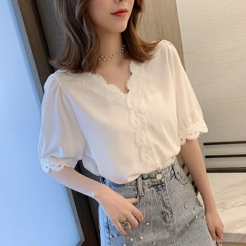 

Рубашка женский дизайн Sense Niche Top с рукавами три четверти Свободная летняя футболка с кружевной строчкой шифоновая рубашка Профессиональный верхний костюм Костюм S