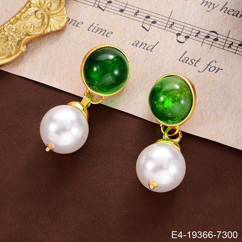 Vintage Grüne Perlenohrringe mit Blumenfaden - Damen Übertriebene 925 Glasstecker