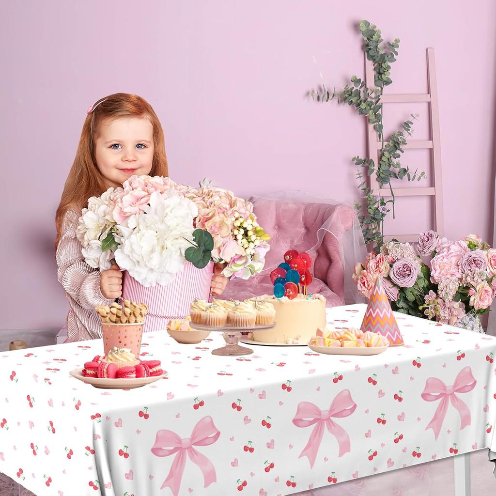 Bow Table Cloth,2 PCS Cherry Tableclothes,Pink Bow Waterproof Disposable Plastic Tablecovers for Birthday Bridal/Baby Shower Cherry-Themed Party
