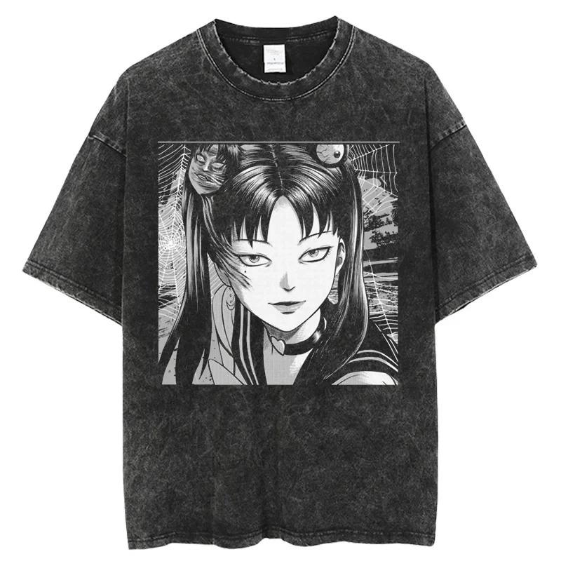 

Junji Ito Tomie Horror Manga Vintage Washed Oversized T-Shirt | Unisex Horror Anime Streetwear Tee L синій