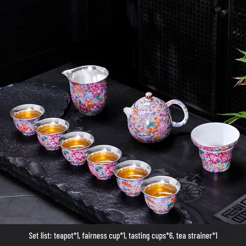 Chaxun 999 Gilt Silver Enamel Ceramic Kung Fu Tea Set