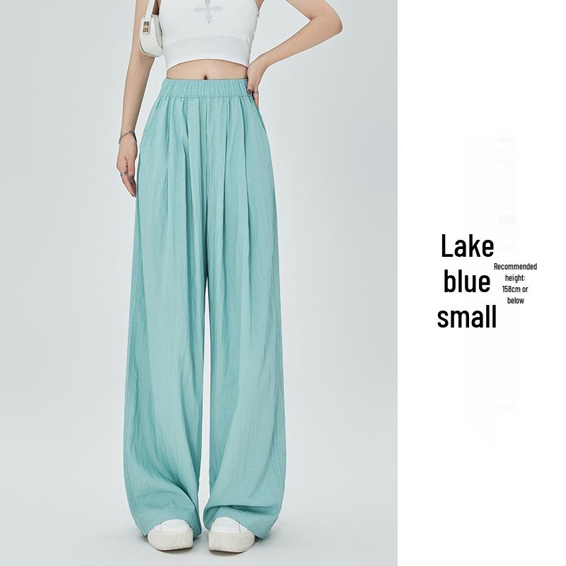Women's Summer Blue Wide-Leg Ice Silk Pants - Casual Pleated Zen Style