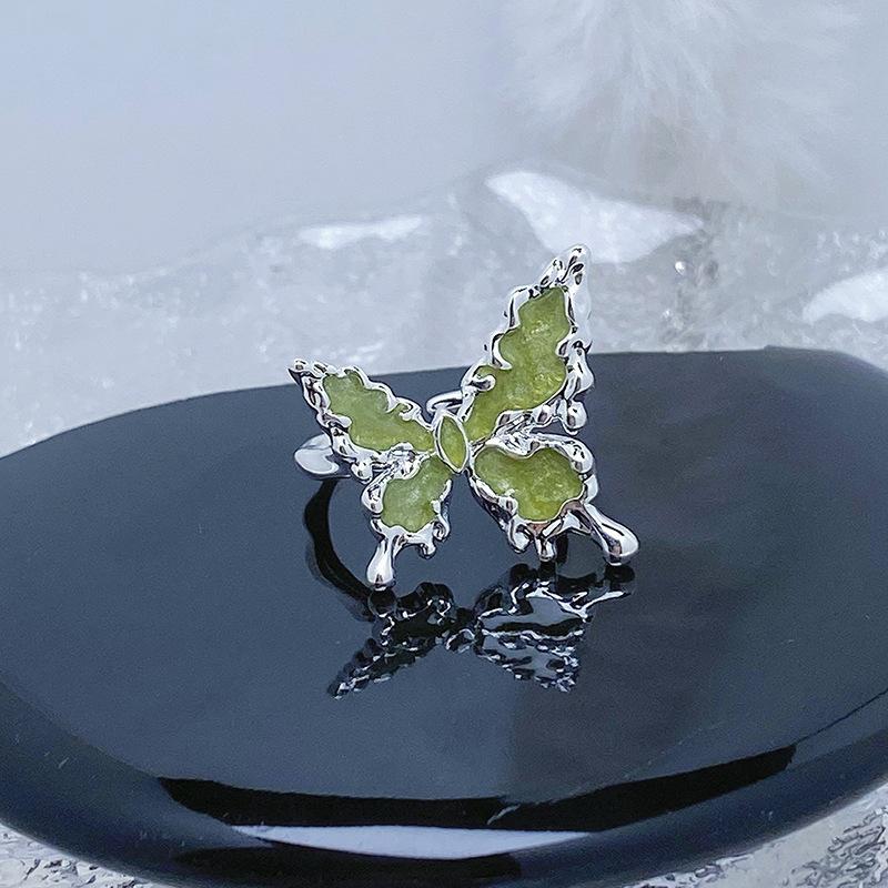 Small Fresh Summer Cool Feeling Green Enamel Dripping Oil Butterfly Flower Opening Ring Niche Light Luxury High-End Ring