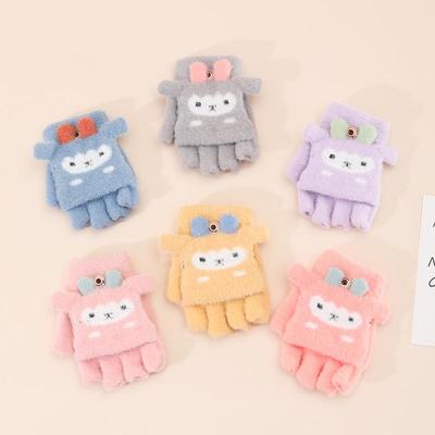 New Little Sheep Cartoon Kids Convertible Warm Wool Gloves - Half-Finger Design, Thick and Cozy for Children