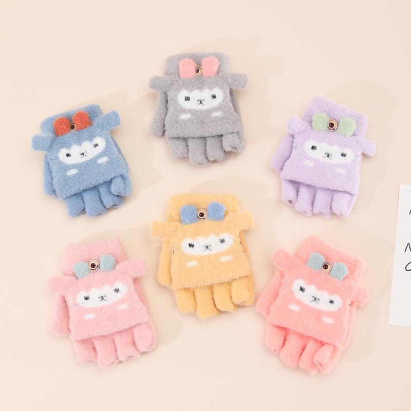 New Little Sheep Cartoon Kids Convertible Warm Wool Gloves - Half-Finger Design, Thick and Cozy for Children