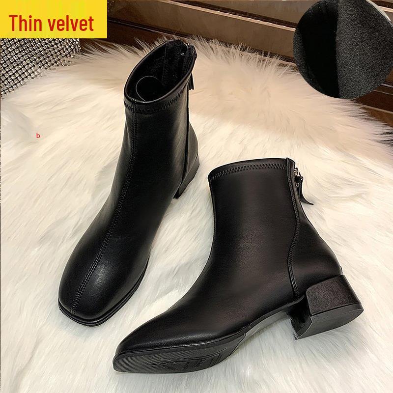 Beige Slimming Square Toe Chunky Ankle Boots with Back Zipper and Fleece Lining for Women – 2025 Autumn/Winter Collection
