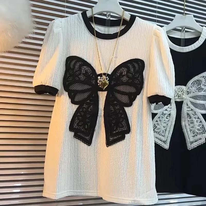 Damskie Letnie Patchworkowe Koronkowe Słodkie Koszulki z Kokardką Krótki Rękaw Okrągły Dekolt T-shirty