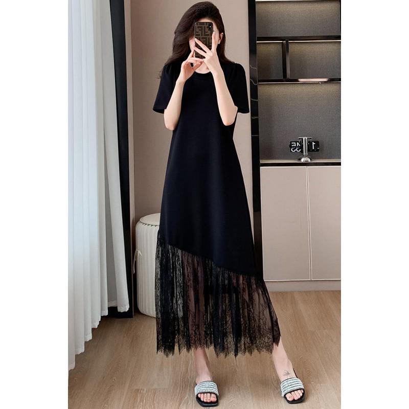 2024 French Designer Black Lace Patchwork Dress: Elegant, Slimming, Short-Sleeve