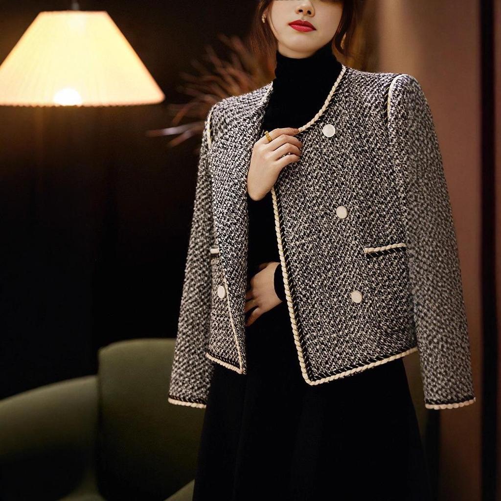 Elegant French Wool-Blend Tweed Double-Breasted Jacket for Women