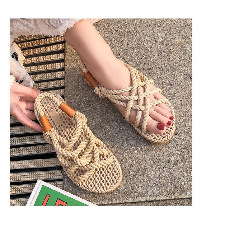 Sandalai Moteriški Plokščiapadžiai Kanapinė Virvė Kryžiuoti Dirželiai Moteriški Batai Atviru Priekiu Kasdieniai Paplūdimio Sandalai