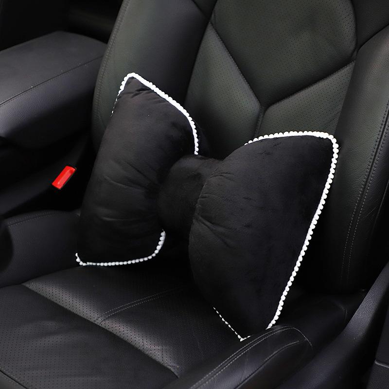 Comfortable Soft Pink Plush Car Headrest Lumbar Support Cartoon Bowknot Car Waist Neck Pillow Car Interior Decoration For Winter