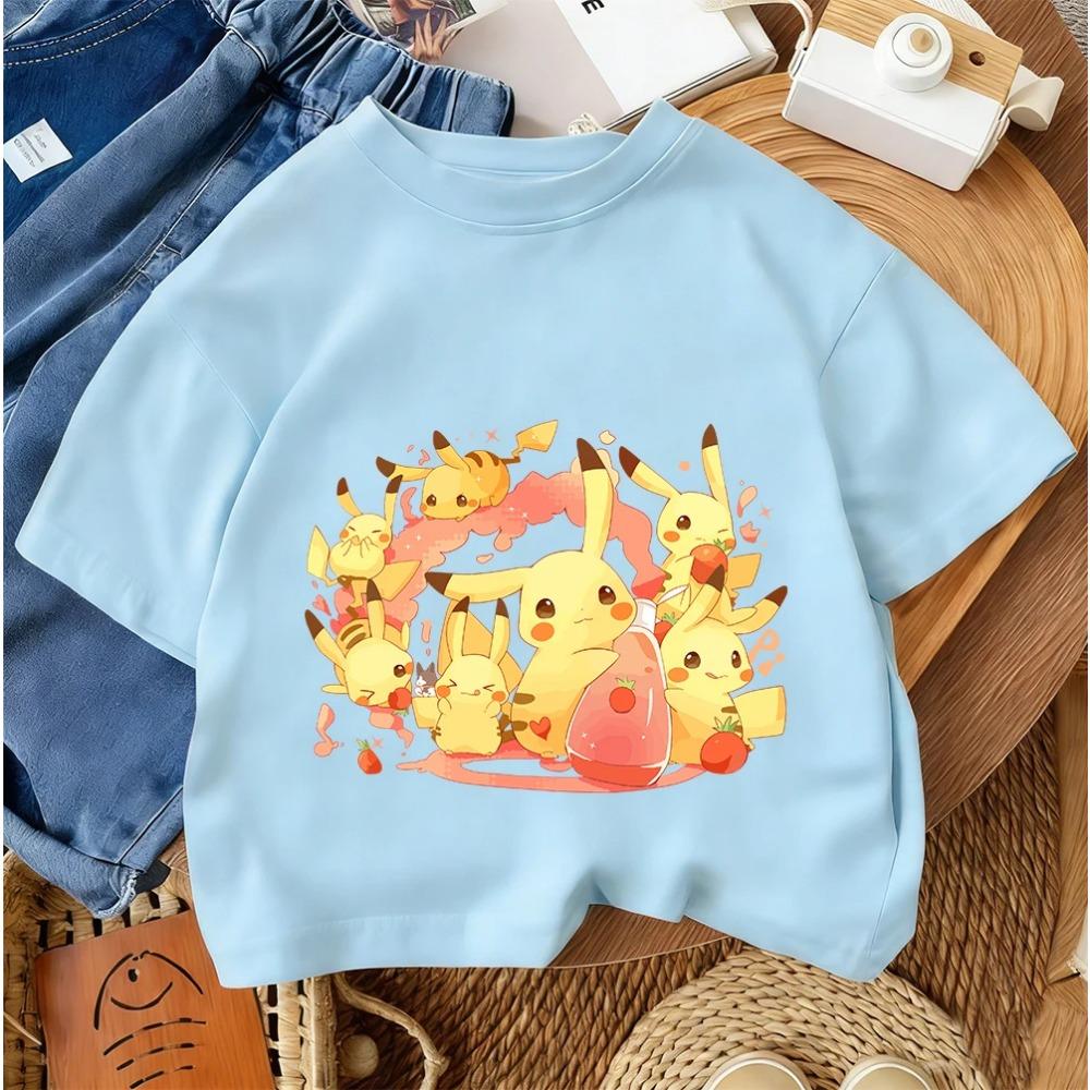 Children Fashion Street Tee Pikachu Cute Cartoon Print For Boys Girls Summer Casual Comfort Wear 3-14 Years