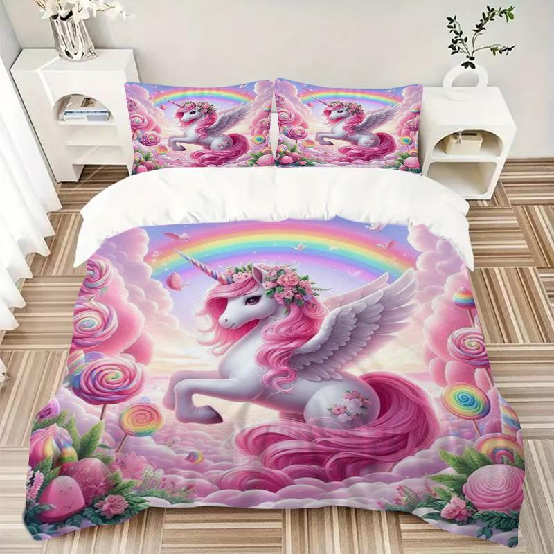 Rainbow Unicorn Fantasy Print 3Pcs Bedding Setduvet Cover With 2 Bedropillowcase Home Birthday Gift