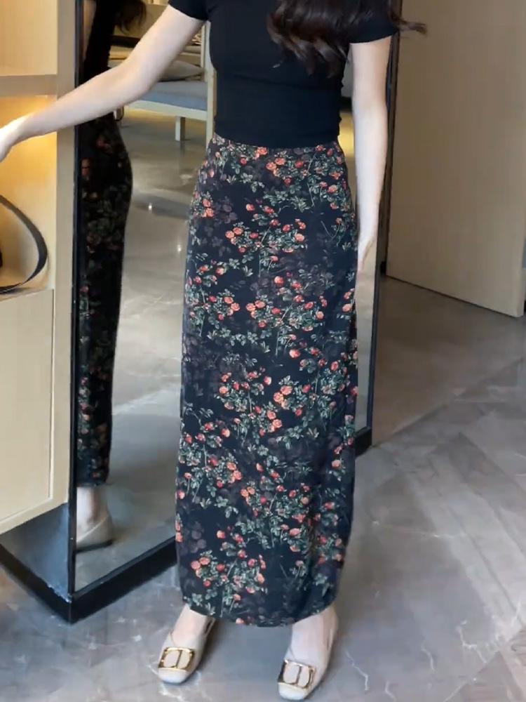 Fustă Midi Florală Retro pentru Femei: Calitate înaltă, Lux ușor, Talie înaltă subțiatoare, Design bodycon de vară cu șliț.