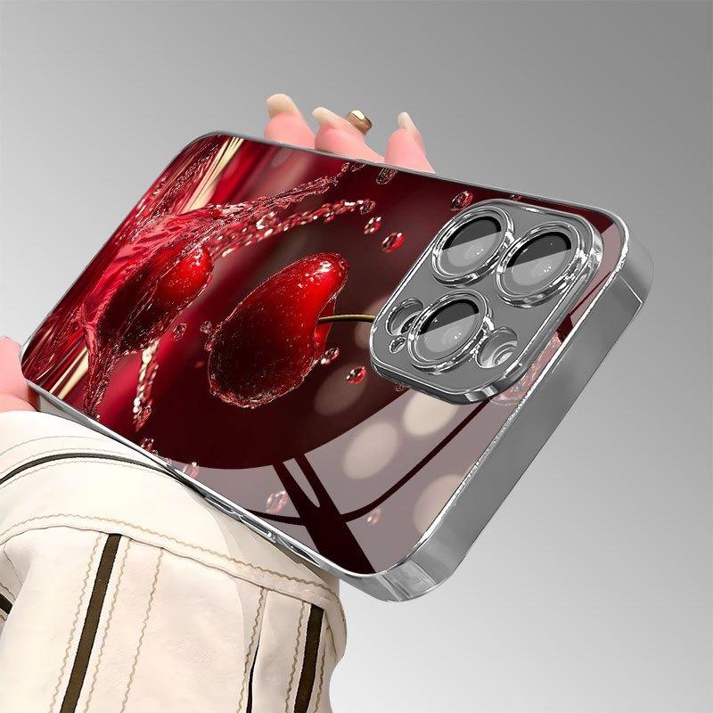 Einfache Kleine Kirschmuster Glas Galvanisiert Handyhülle Für iPhone 11 12 13 14 15 16 17 Pro Max 14 15 Plus 16E 17 Air Cover