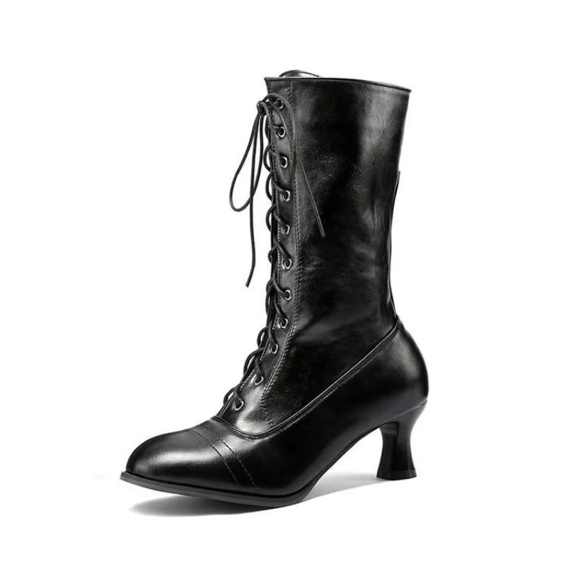 2026 European and American Style Autumn and Winter Lace Up Low Heeled Women's Mid Leg Round Toe Women's Single Boots