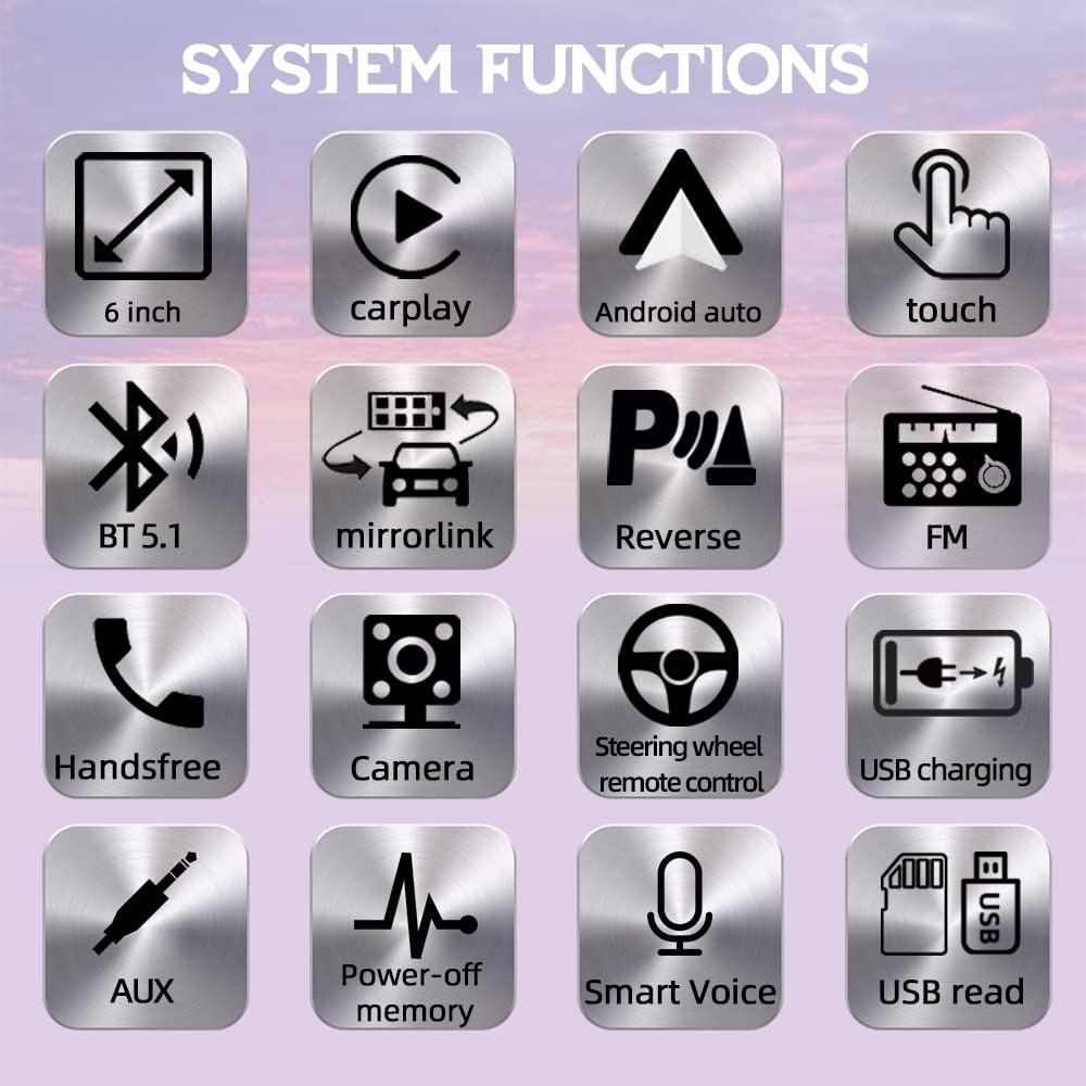 1Din Car Radio Android Auto/CarPlay Mirror Link 6.2" Touch Screen Bluetooth FM USB Colorful Lights Wince System