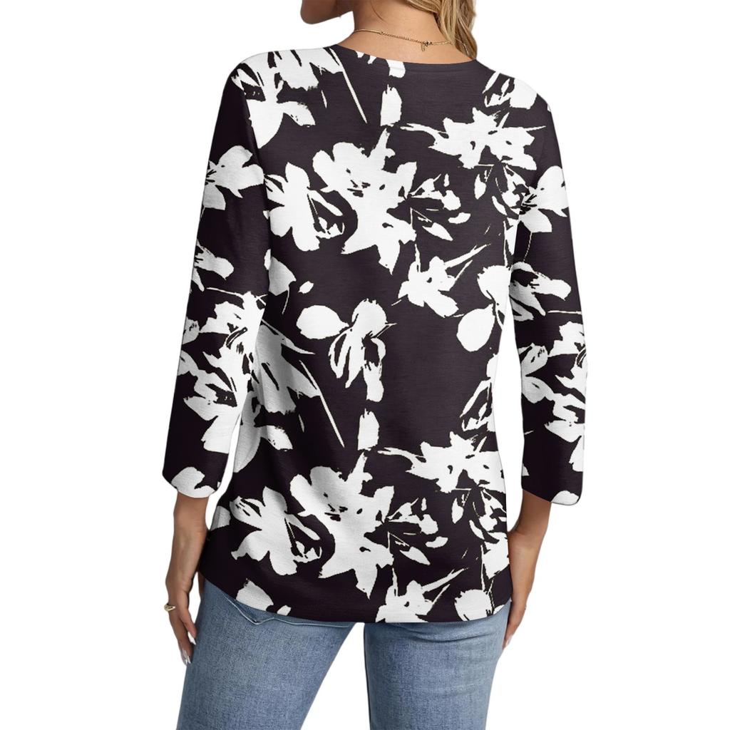 Women's Casual Fashion Sexy Comfortable V-Neck Floral Seven Sleeve Top