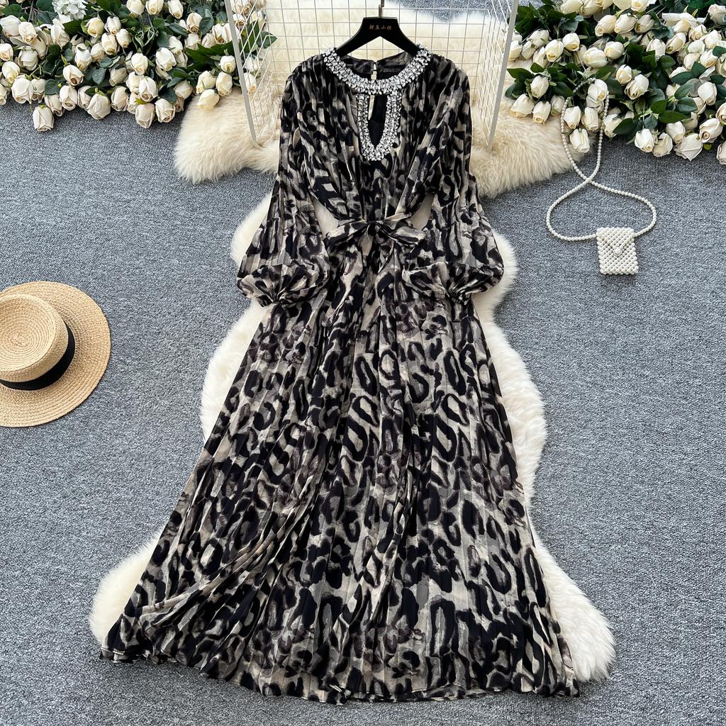 Szykowna vintage seksowna sukienka z długim rękawem w panterkę w kształcie litery A Moda moda koreańska Wyszczuplająca letnia Eleganckie sukienki