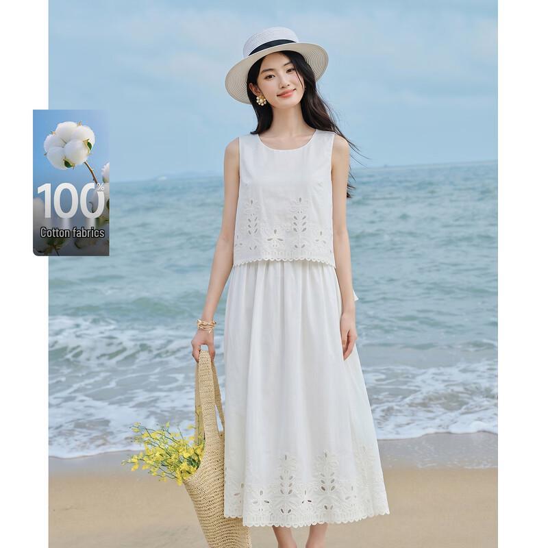 Square Neck Hollow Embroidery A-Line Dress M