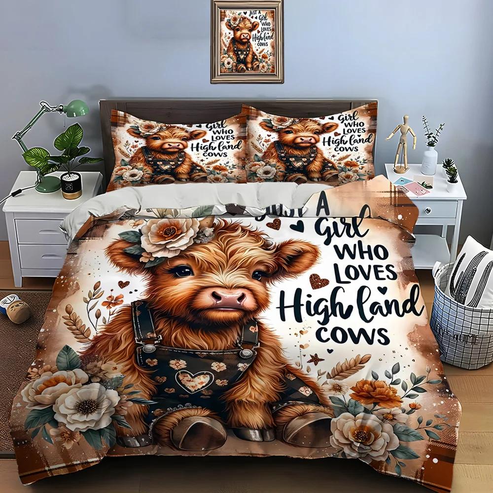 Highland Cattle Print Bedding Set Cute North American Duvet Cover 1 Duvet Cover 2 Pillowcases Adult and Kids Bedding Set Luxury